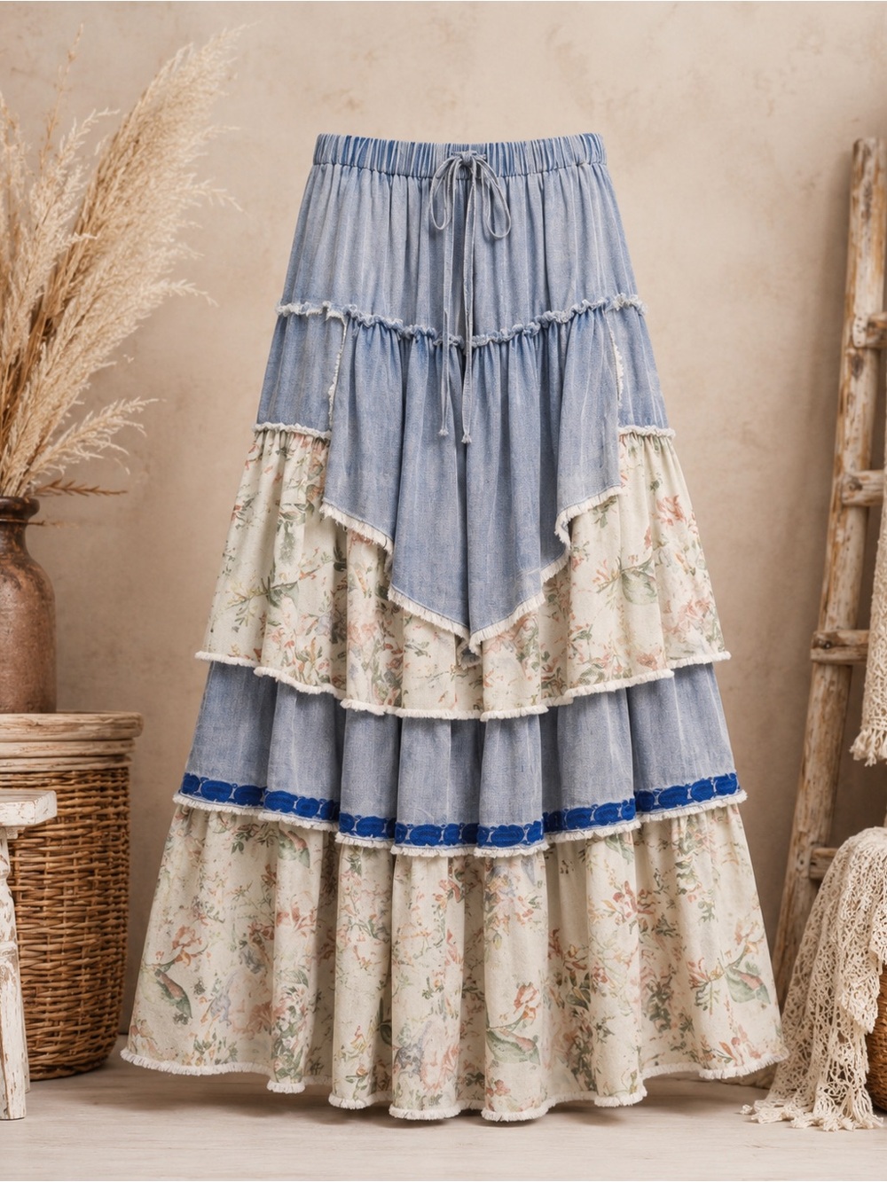 Blue Velvet Boho Floral Denim Tiered Maxi Skirt